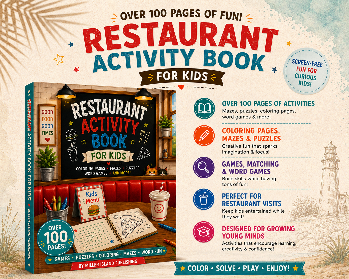 Restaurant Activity Book for Kids | Screen-Free Games, Coloring Pages, Mazes & Puzzles