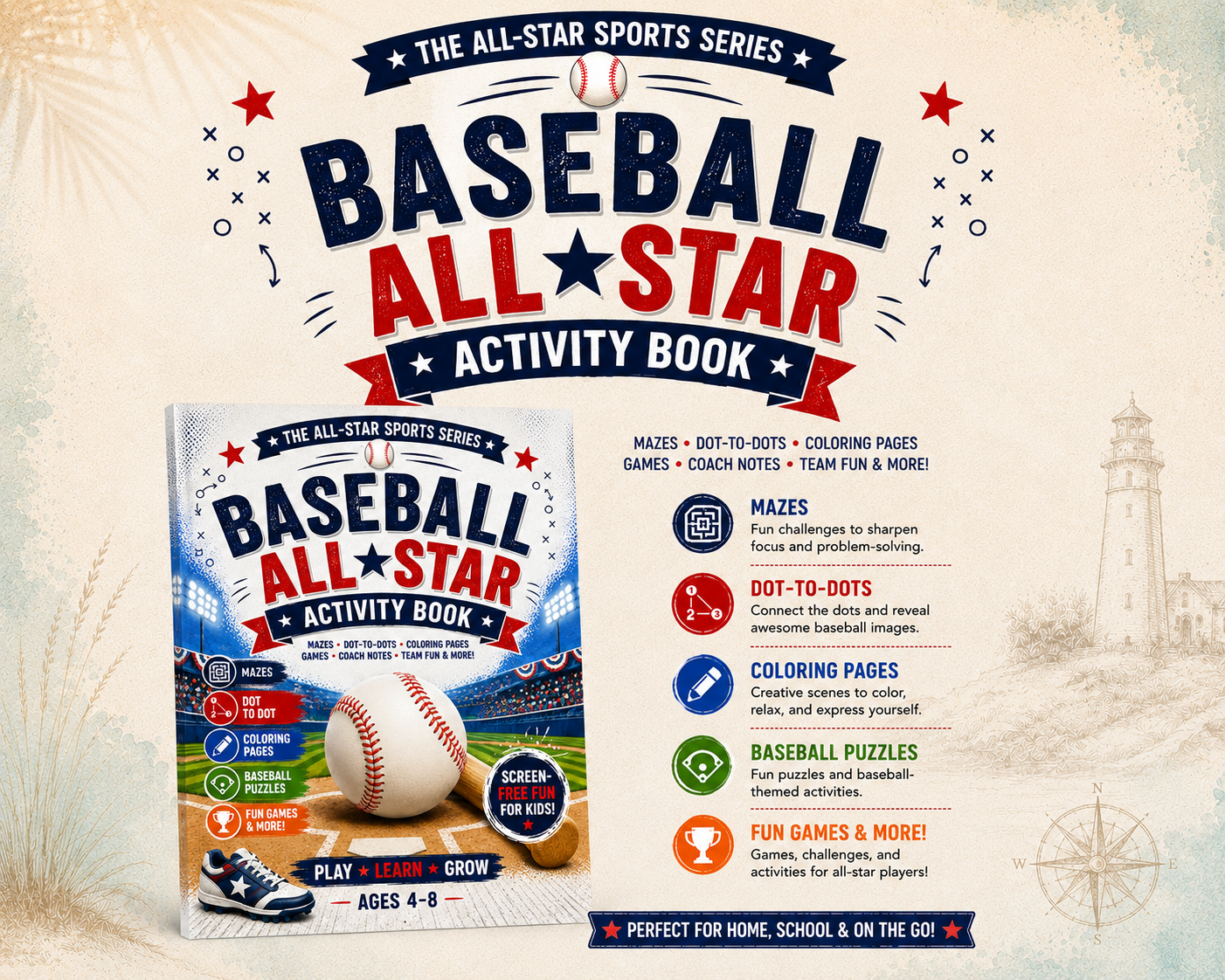 Baseball Activity Book for Kids Ages 4-8 | All-Star Sports Series