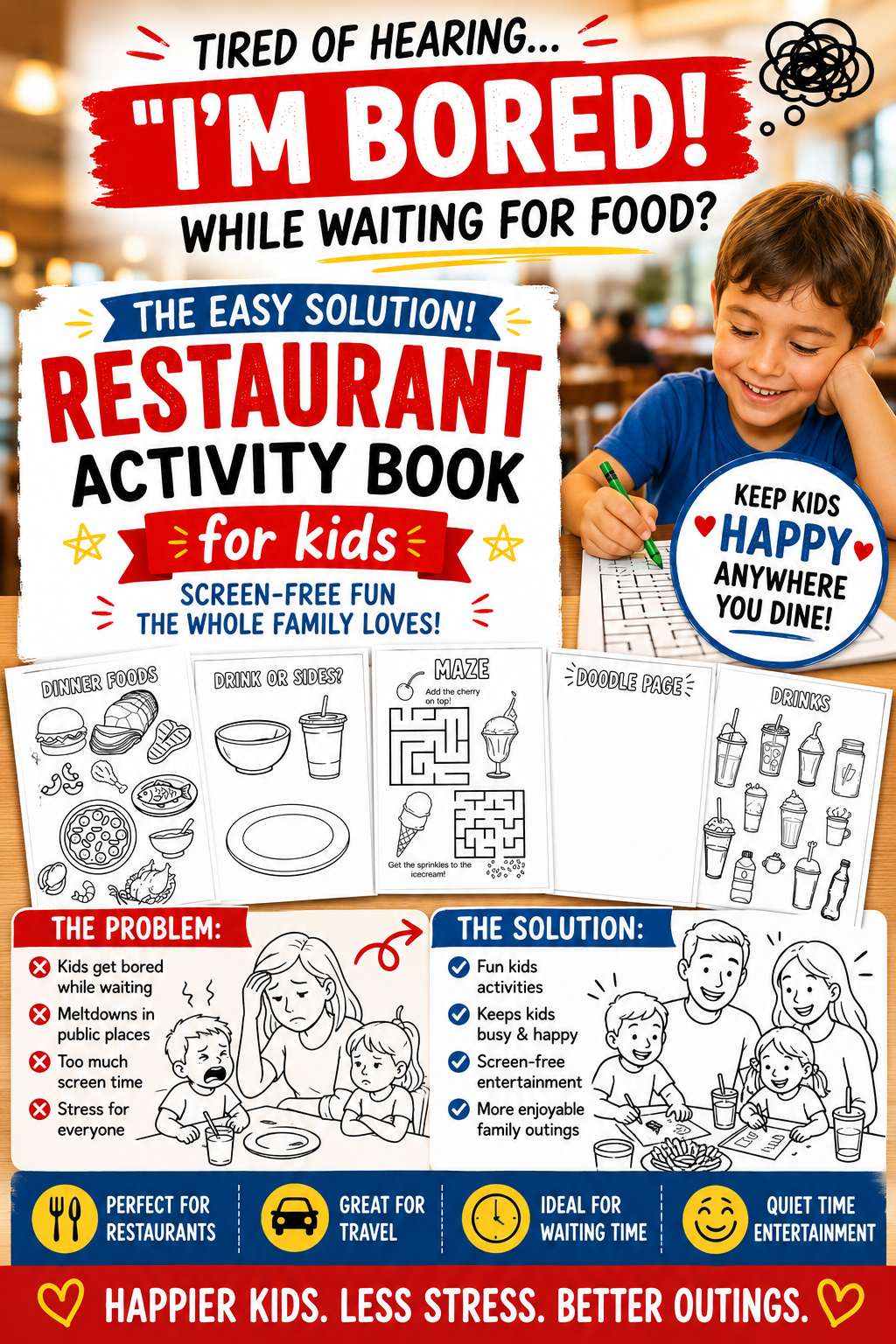 Restaurant Activity Book for Kids | Screen-Free Games, Coloring Pages, Mazes & Puzzles