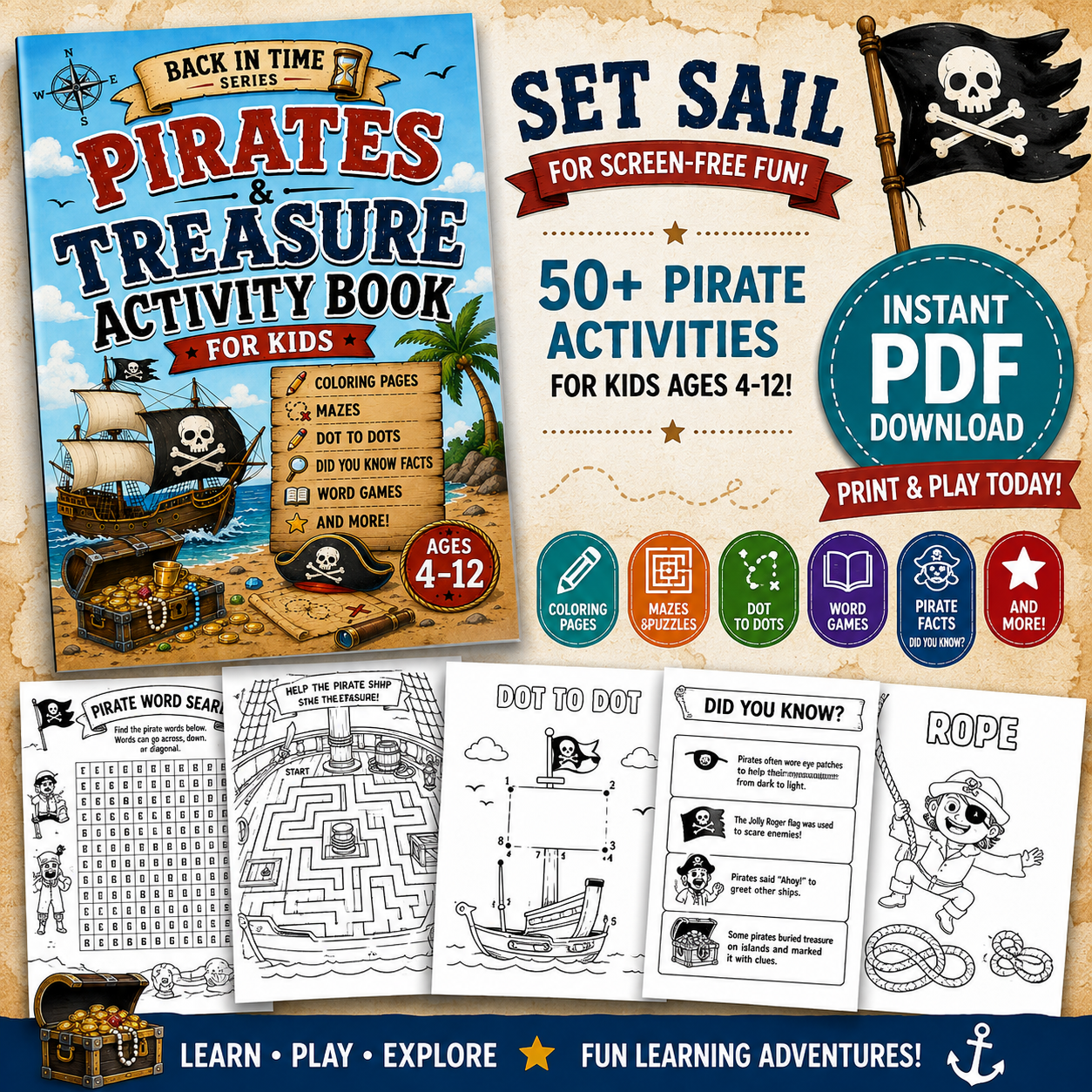 Pirates & Treasure Activity Book for Kids | Printable PDF Download