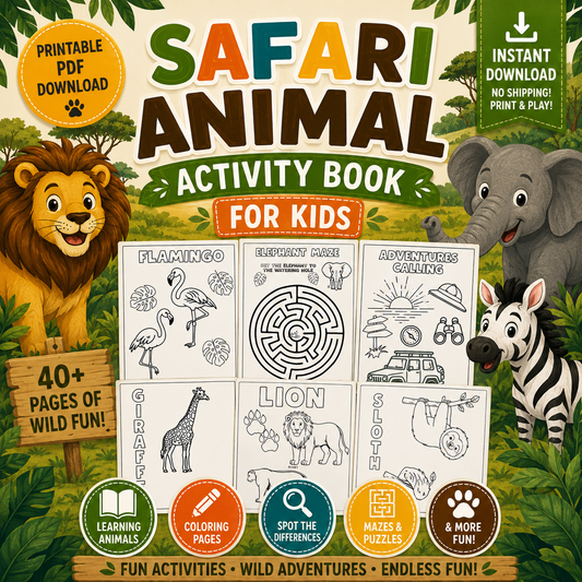 Safari Animal Activity Book for Kids | Printable PDF Digital Download
