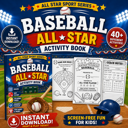 Baseball All-Star Activity Book for Kids | Printable Digital PDF