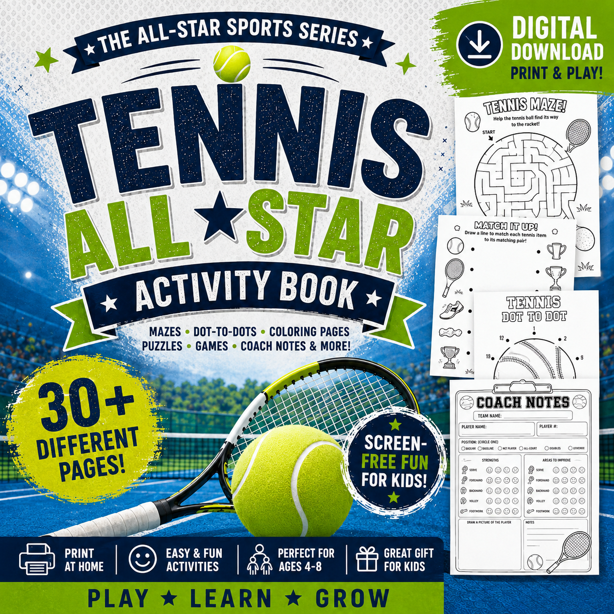 Printable Tennis Activity Book for Kids | PDF Download