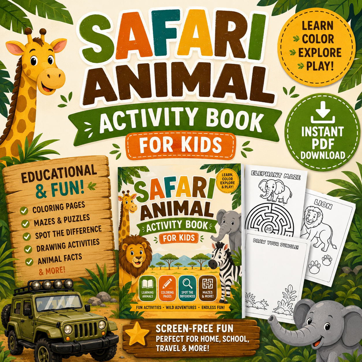 Safari Animal Activity Book for Kids | Printable PDF Digital Download
