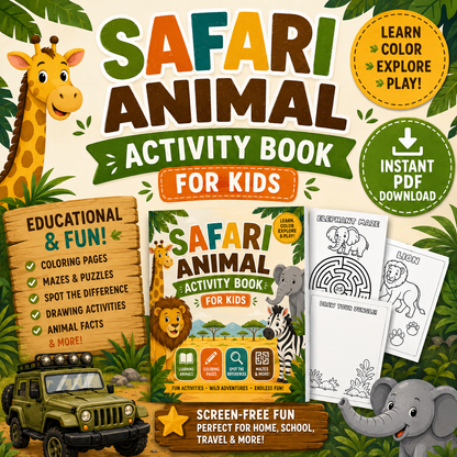 Safari Animal Activity Book for Kids | Printable PDF Digital Download