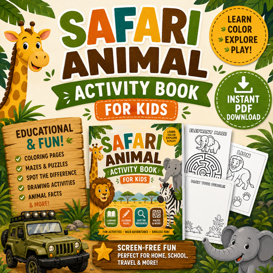 Safari Animal Activity Book for Kids | Printable PDF Digital Download