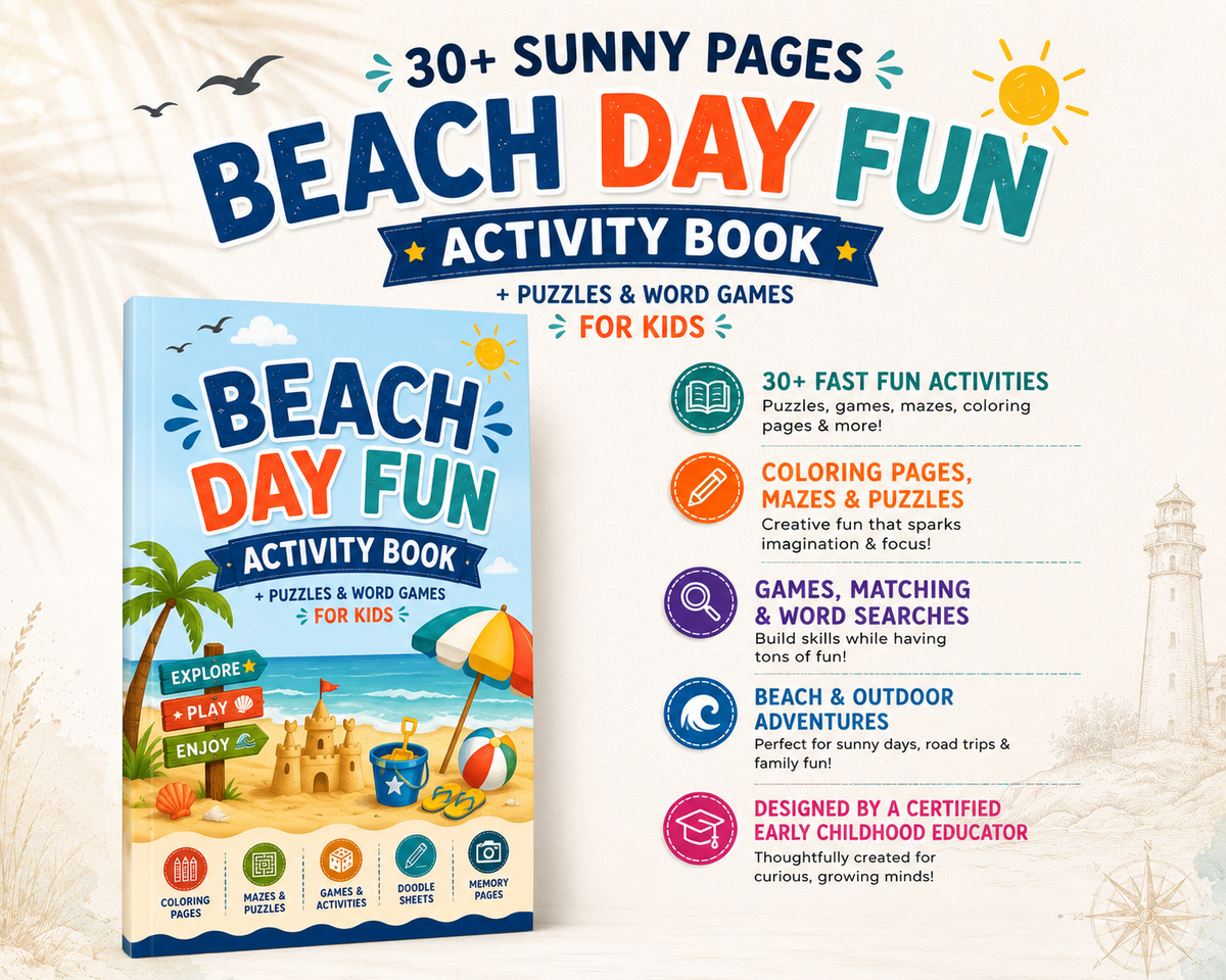 Beach Day Activity Book for Kids: A Screen-Free Adventure with Coloring Pages, Mazes, Dot-to-Dots, Matching Games, Stories, Jokes & More
