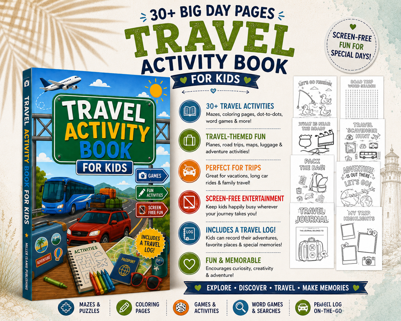 Travel Activity Book for Kids | Screen-Free Games, Coloring Pages, Mazes & Puzzles