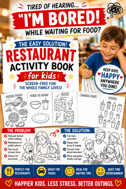 Restaurant Activity Book for Kids | Screen-Free Games, Coloring Pages, Mazes & Puzzles