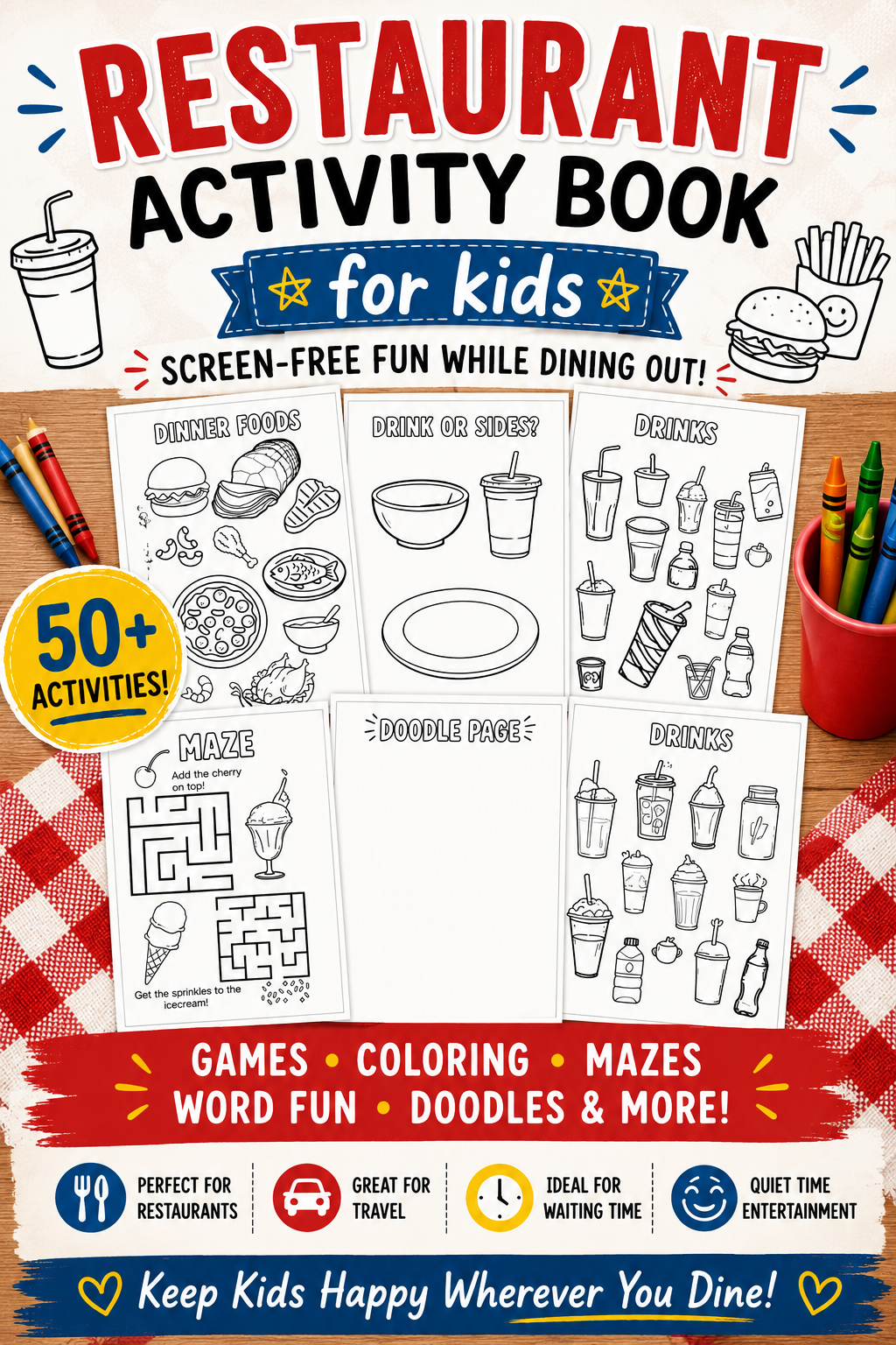 Restaurant Activity Book for Kids | Screen-Free Games, Coloring Pages, Mazes & Puzzles