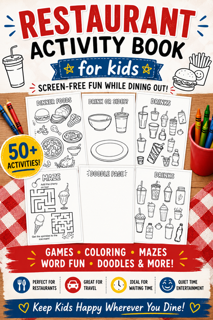 Restaurant Activity Book for Kids | Screen-Free Games, Coloring Pages, Mazes & Puzzles