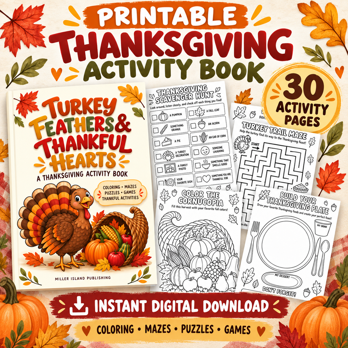 Printable Thanksgiving Activity Book for Kids | Digital PDF