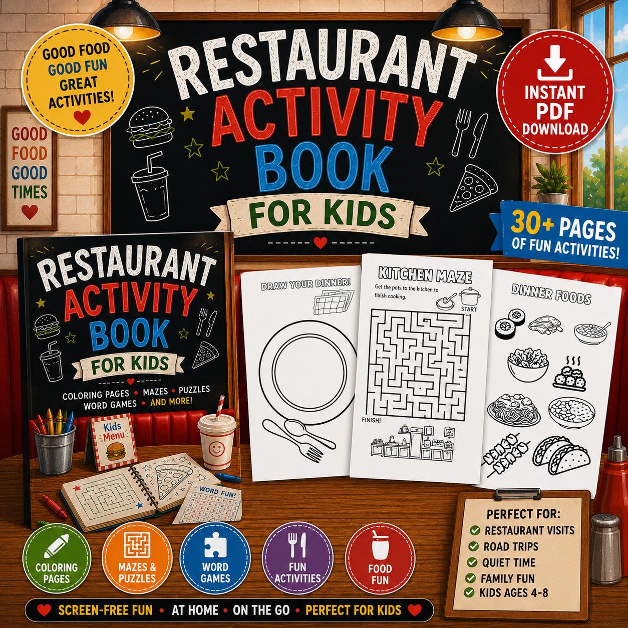 Restaurant Activity Book for Kids | Printable PDF