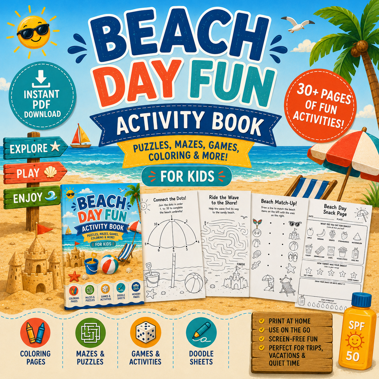 Beach Day Fun Activity Book for Kids | Printable PDF Download