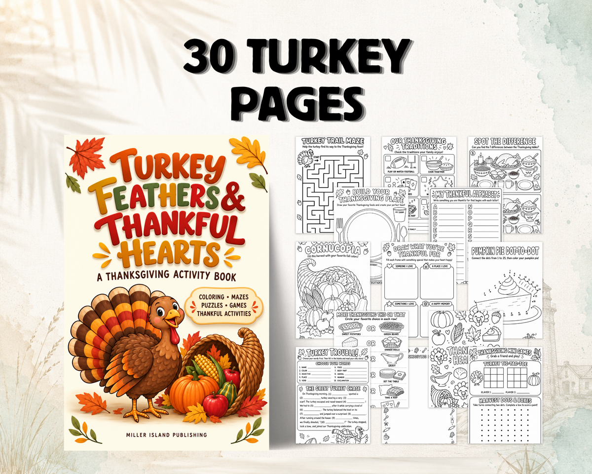 Turkey Feathers & Thankful Hearts | Thanksgiving Kids Activity Book
